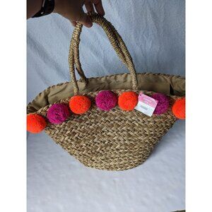 ASHLAND Straw Woven Tote Bag Orange Pink Pom Poms Beach Summer NWT